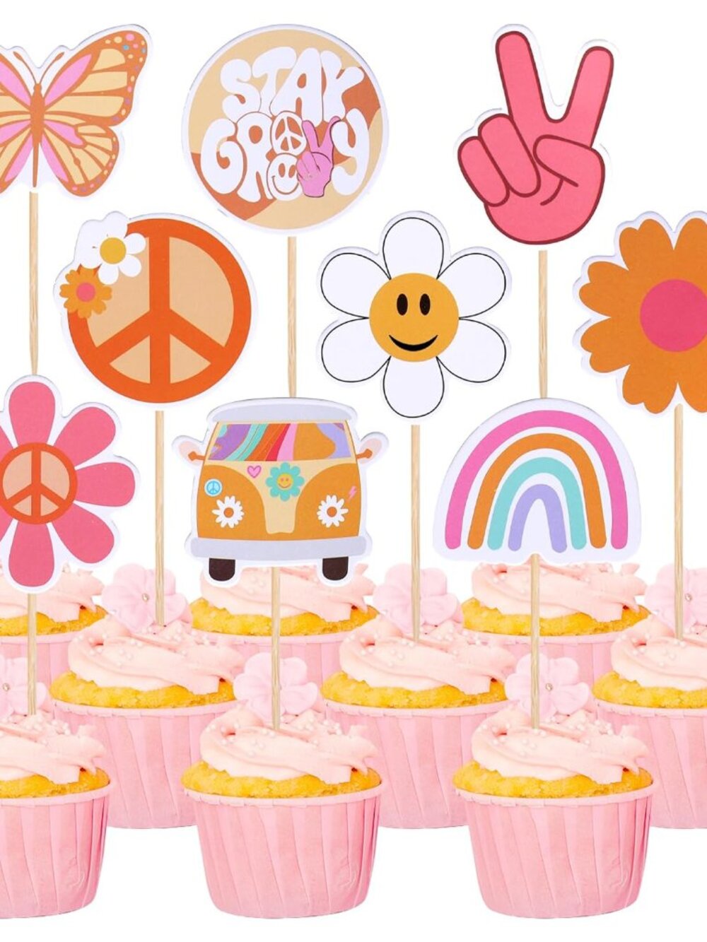 36 PCS Hippie Party Cupcake Toppers Peace Sign Hand Butterfly Two Groovy Cupcake